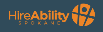 Image: Hire Ability Spokane Logo. Text in orange on a navy blue background.