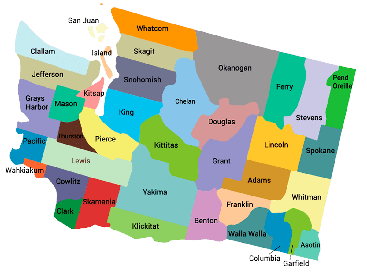 Clickable County Map of the State of Washington. Each county is a different color.