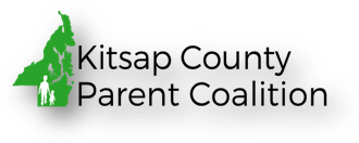 Kitsap County Parent Coalition Logo: Shape of Kitsap county in green with a white sillhouette of a parent and child holding hands.
