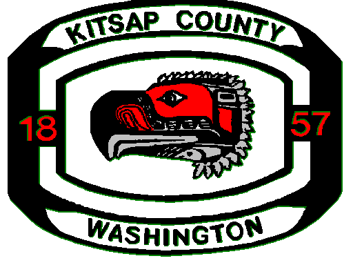 Kitsap County Washington Logo: Black, white, and red image akin to a class ring, using native American totem of an eagle with the title of Kitsap County Washington, 1857