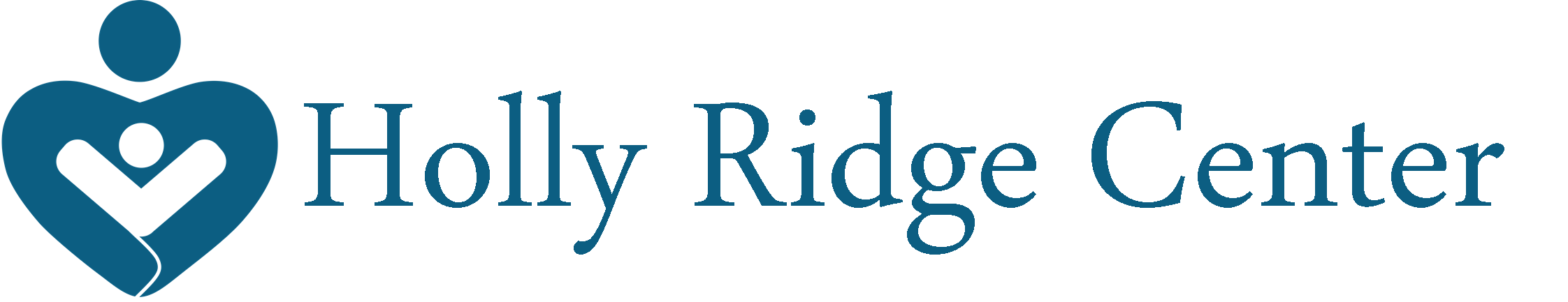 Holly Ridge Center Logo: All text that reads: "Holly Ridge Center" with a dark blue, heart-shaped person holding a smaller, white person in their arms.
