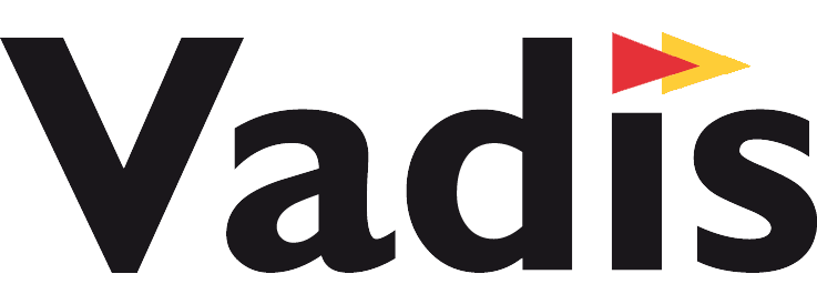 Image: Vadis Logo. Black lettering with red and yellow triangles for the dot over the "i".
