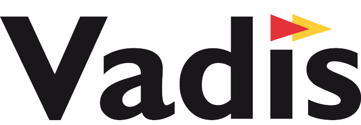 Image: Vadis Logo. Black lettering with red and yellow triangles for the dot over the "i".