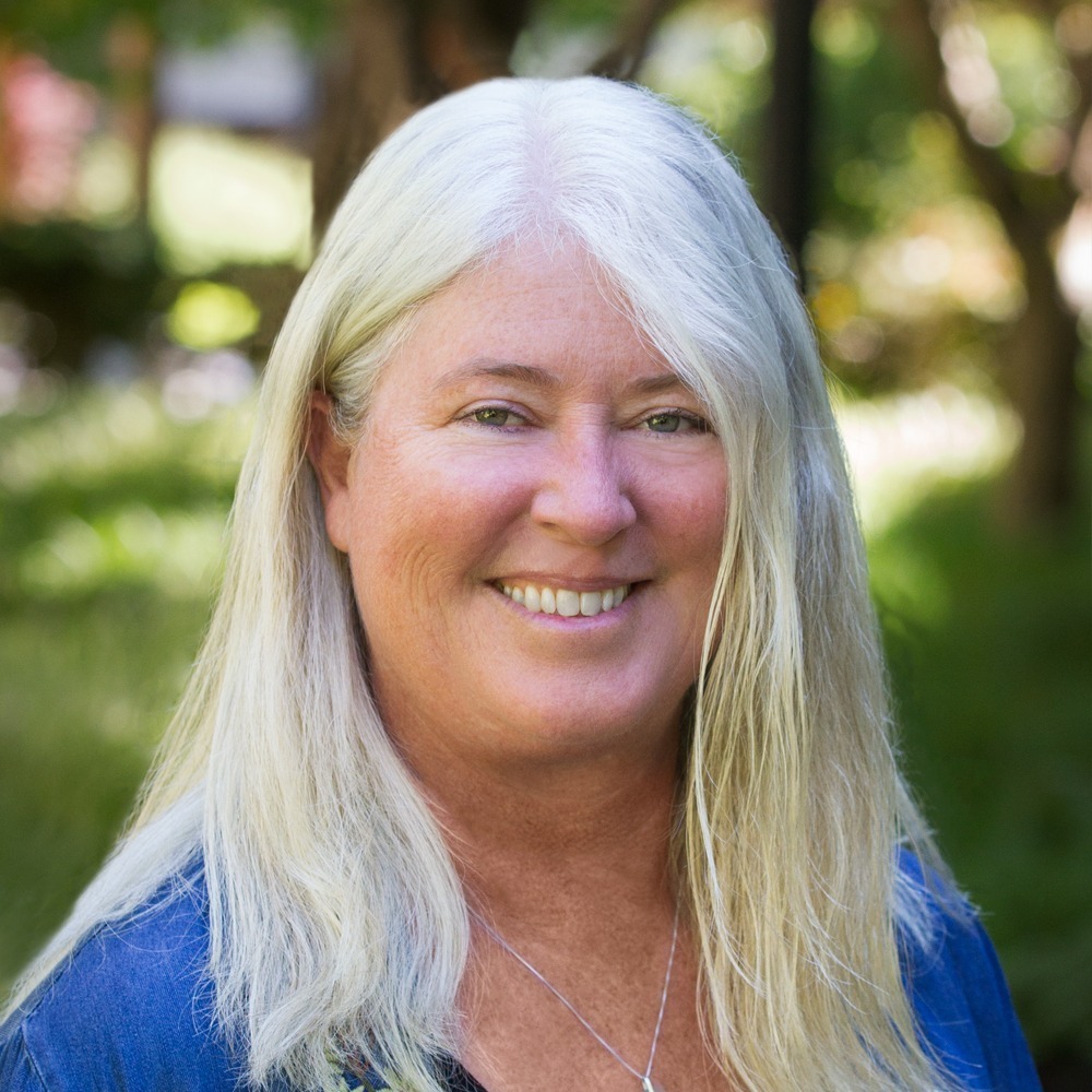 Image: Cesilee Coulson, a white woman in her 50's with long gray hair, wearing a blue shirt and smiling.