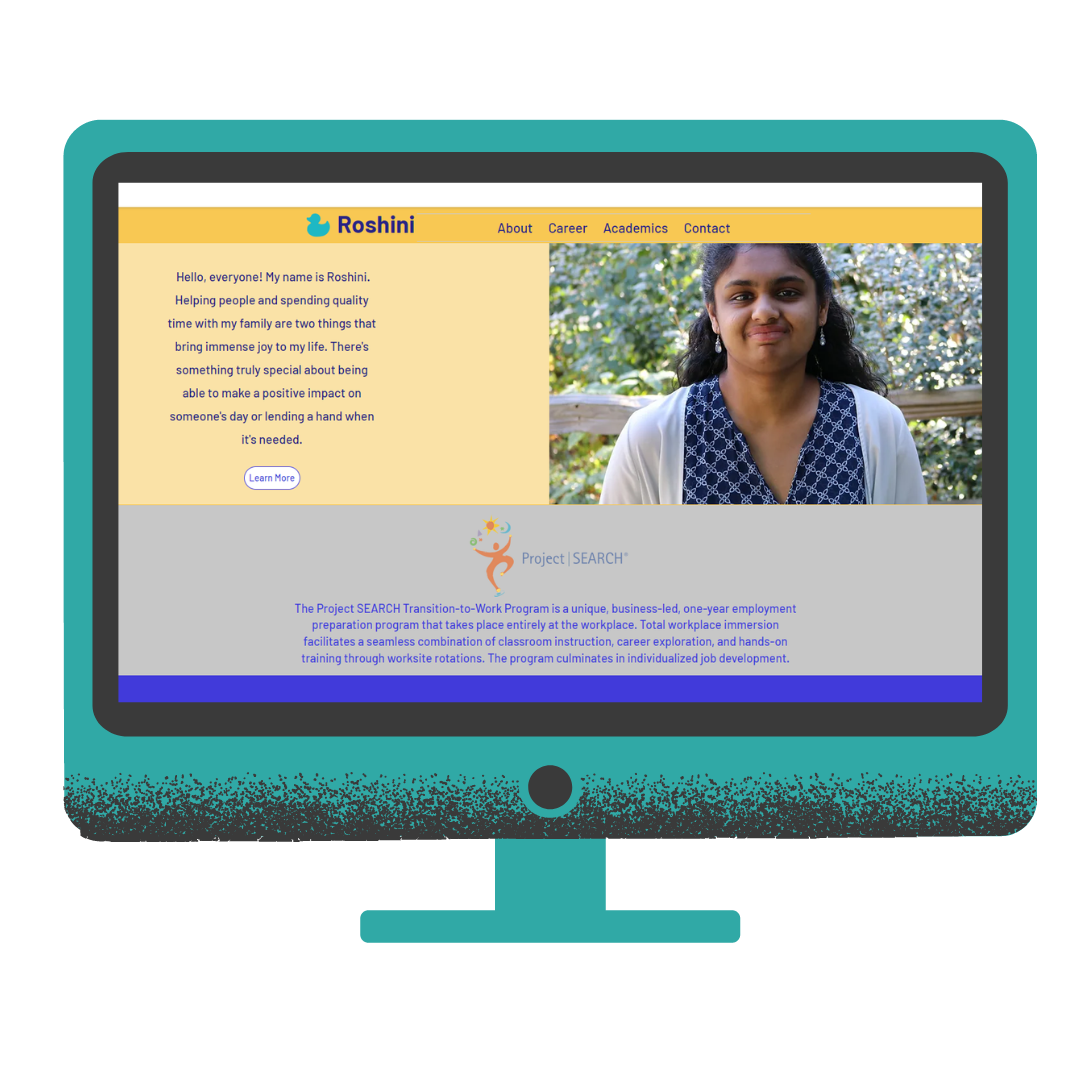 Image: Graphic computer monitor with a picture of Roshini, a young woman wearing a dark blue patterned shirt with a white cardigan.