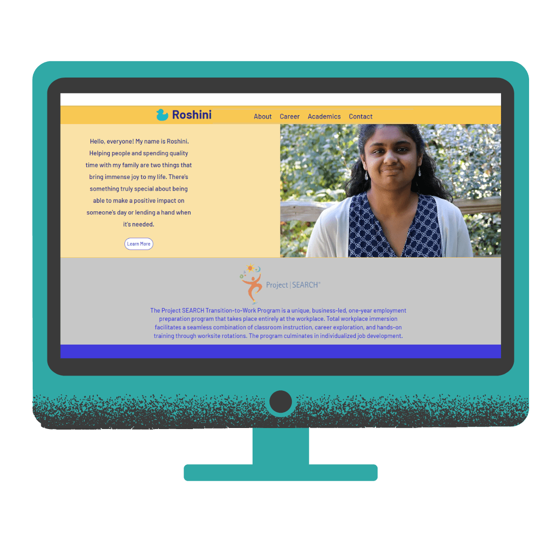 Image: Graphic computer monitor with a picture of Roshini, a young woman wearing a dark blue patterned shirt with a white cardigan.