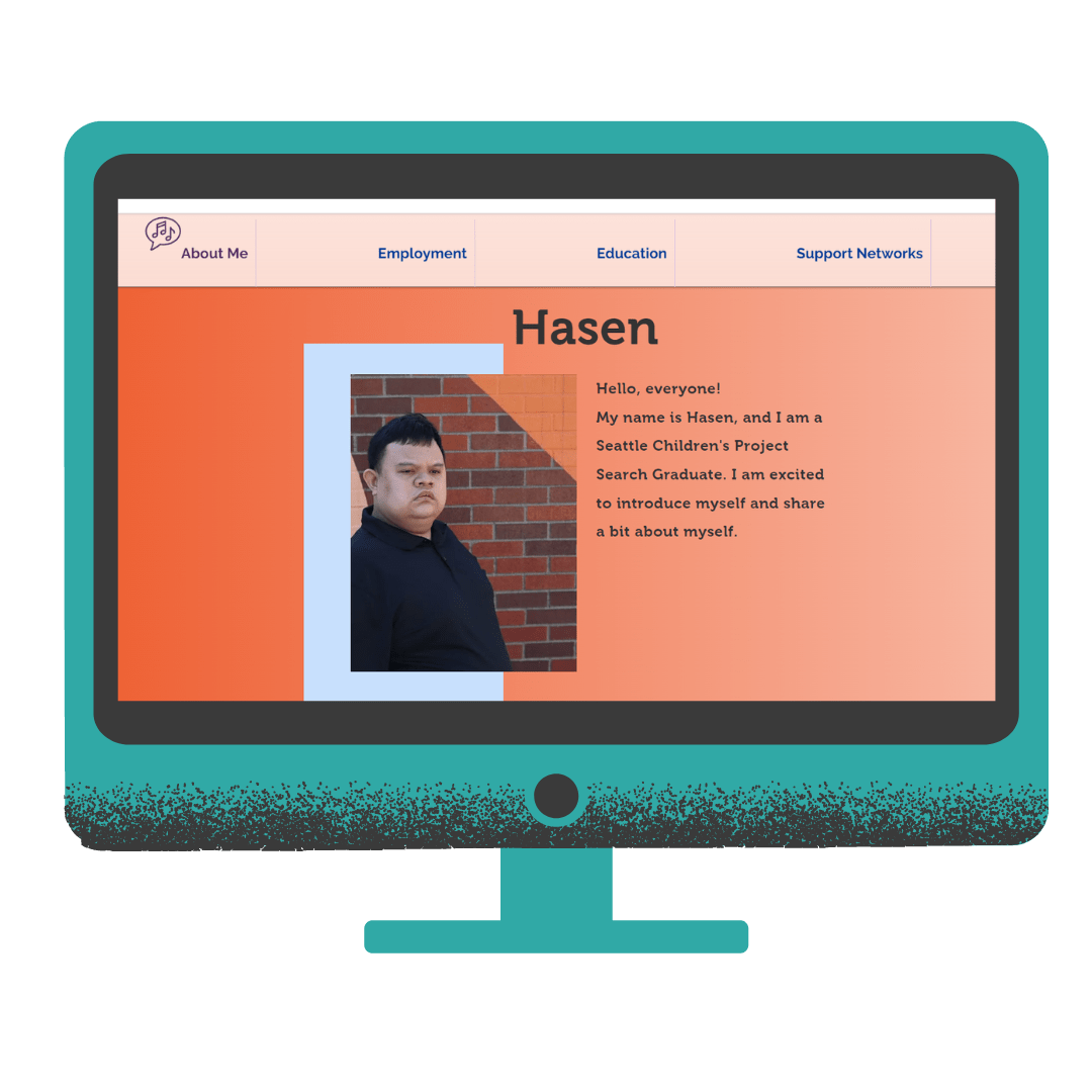Image: Graphic computer monitor with a picture of Hasen, a young man with a black shirt and dark hair in front of a brick wall.