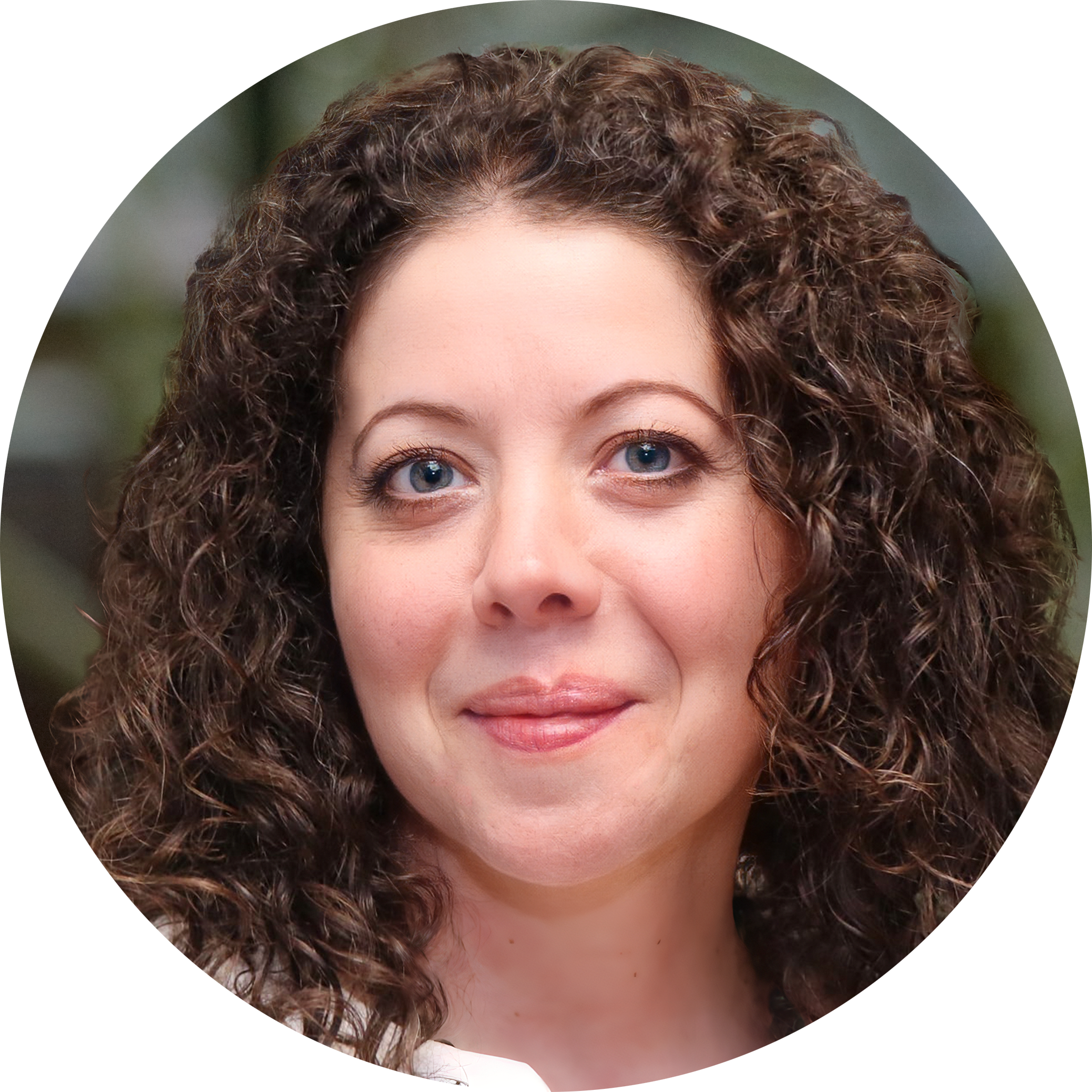 Image: Circular cropped headshot of Heather Evans, a white woman with curly, brown, shoulder length hair & blue eyes, wearing a white button down shirt and a necklace.